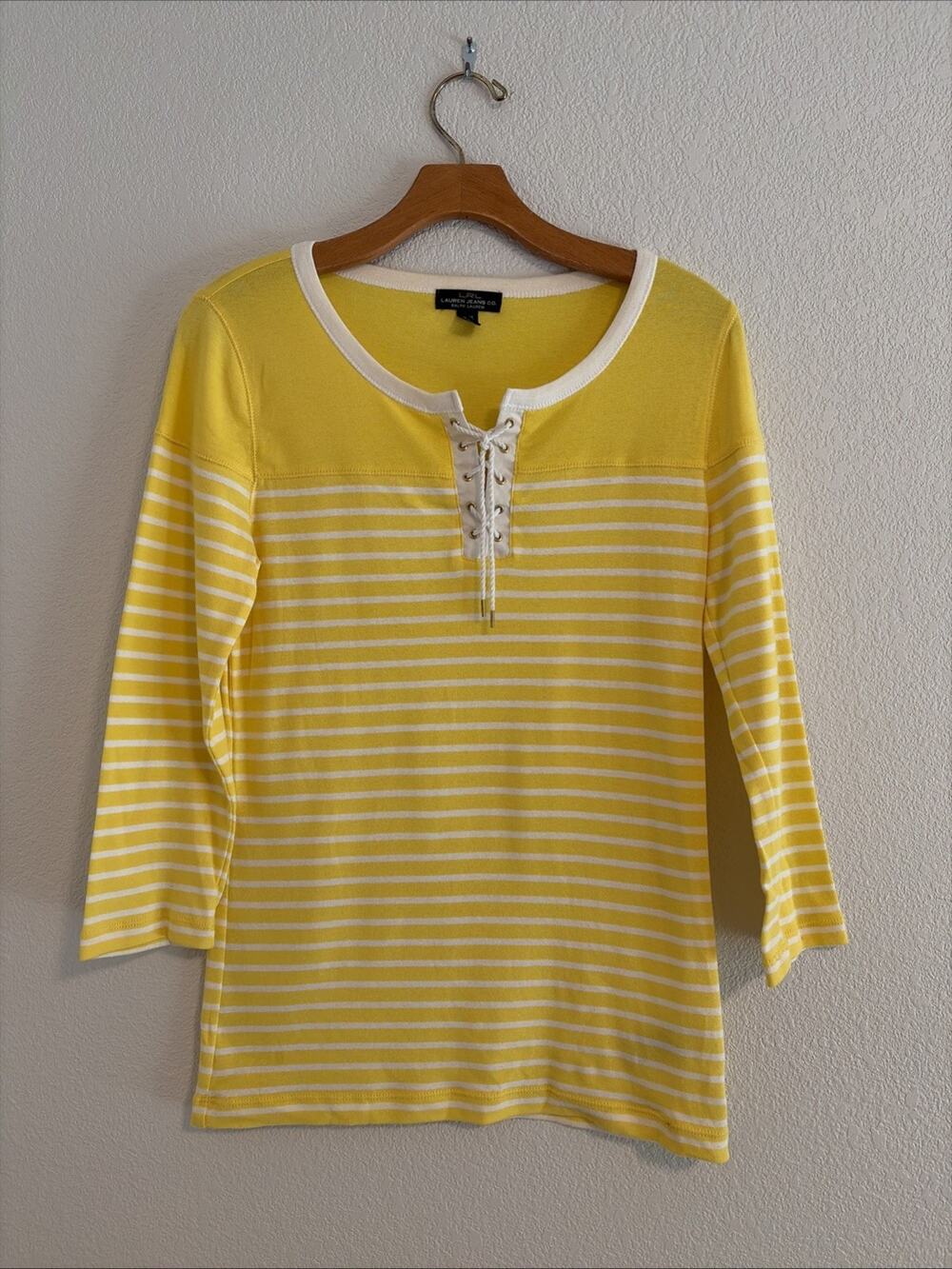 Ralph Lauren Womens Yellow Strip Cotton Tie Long Sleeve Shirt Size M Green Label